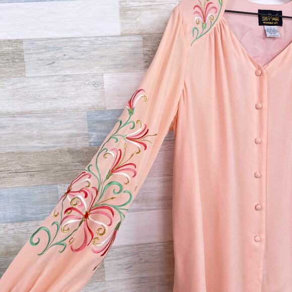 Bob Mackie Silk Floral Embroidered Crepe Blouse Pink Wearable Art Womens Large - Picture 3 of 6